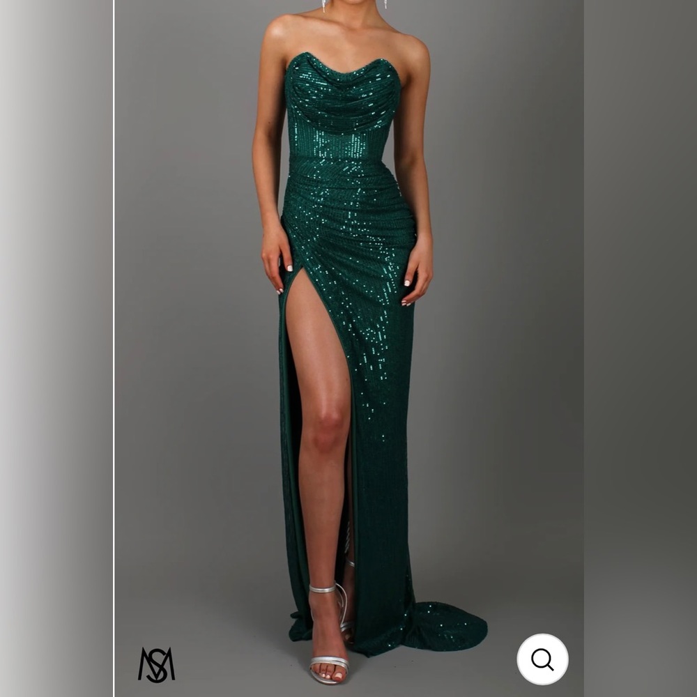 Studio Minc Emerald Green Sequin Formal Dress With Strapless Corset & Leg Slit